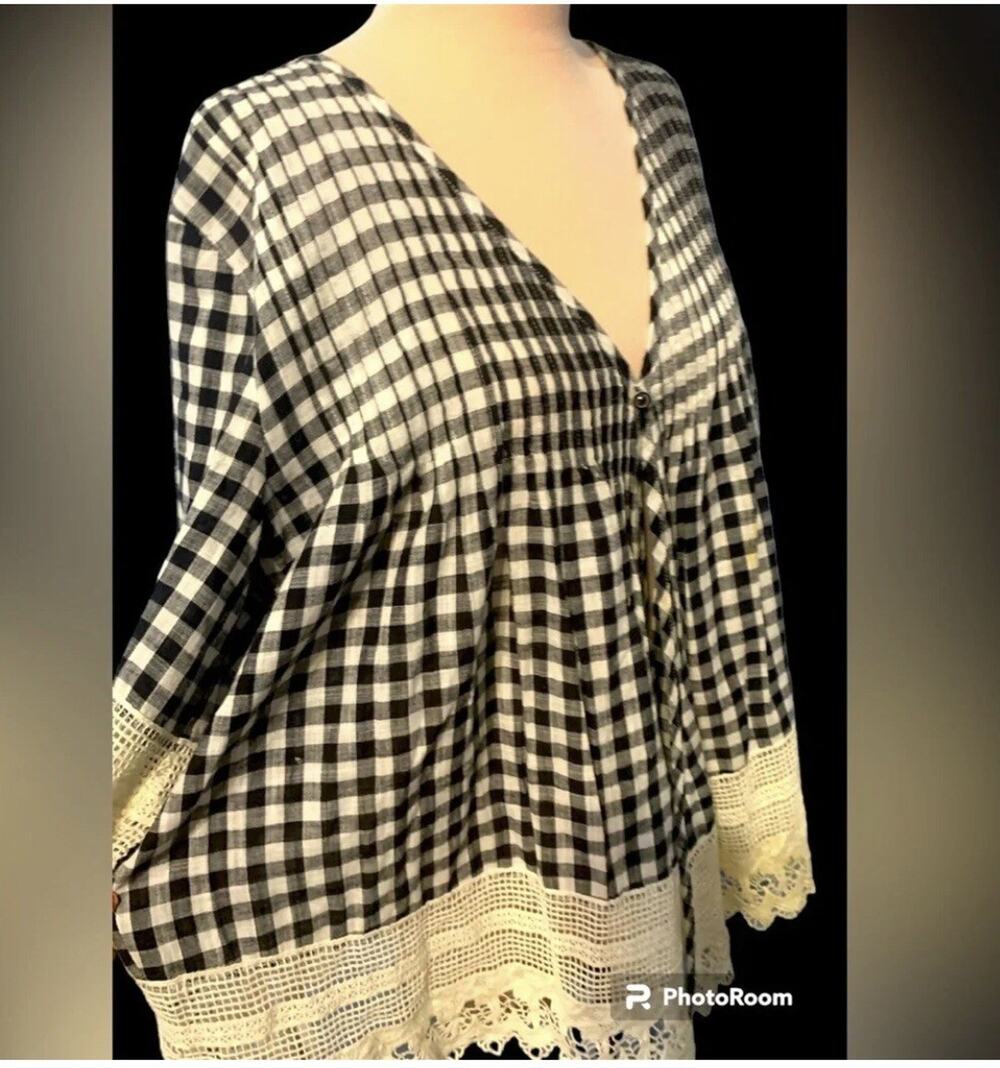Vtg Gingham plaid babydoll blouse sz LG crocheted lace Coquette cottagecore